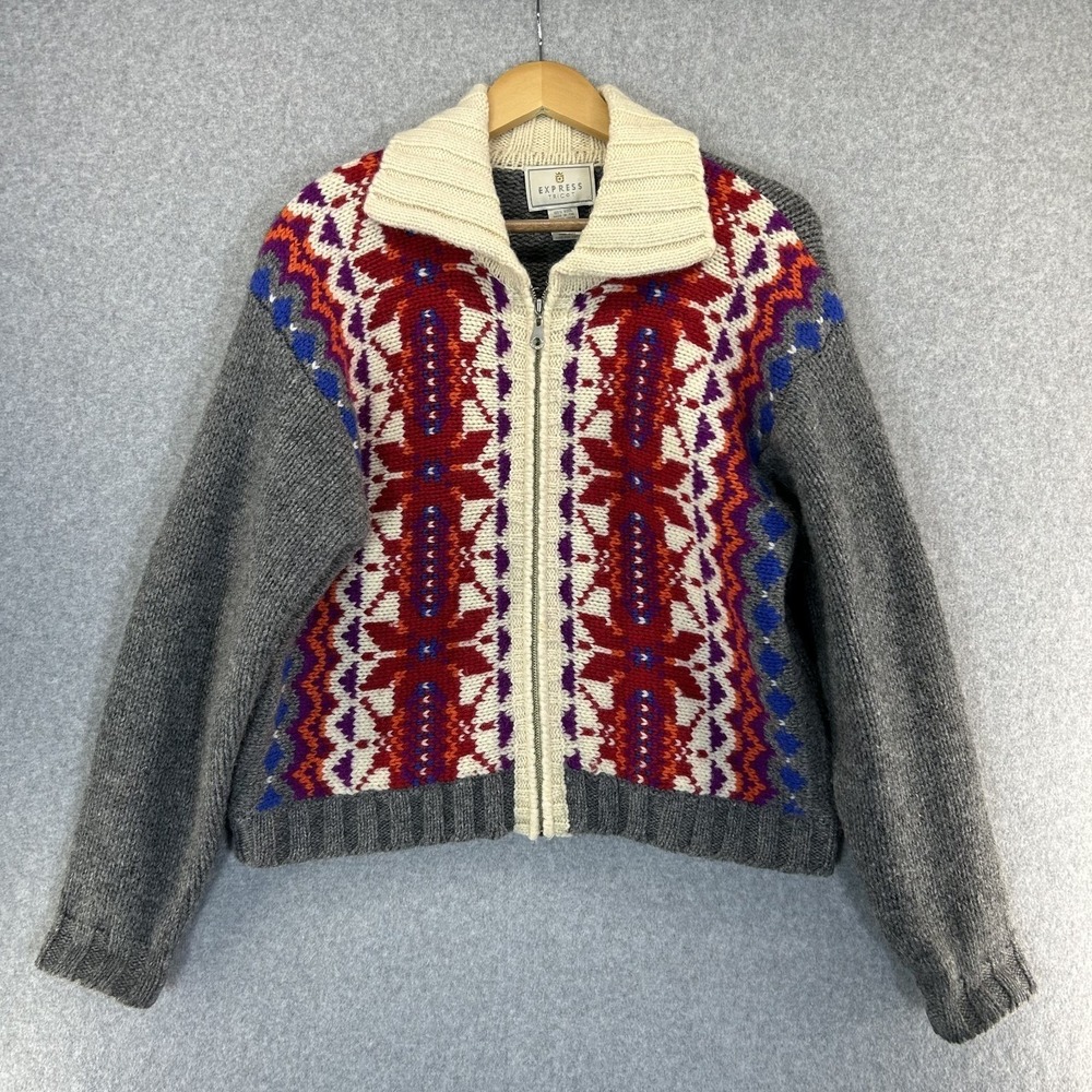 Express Tricot Fair Isle Wool Cardigan Sweater Nordic Full Zip Womens Size Large